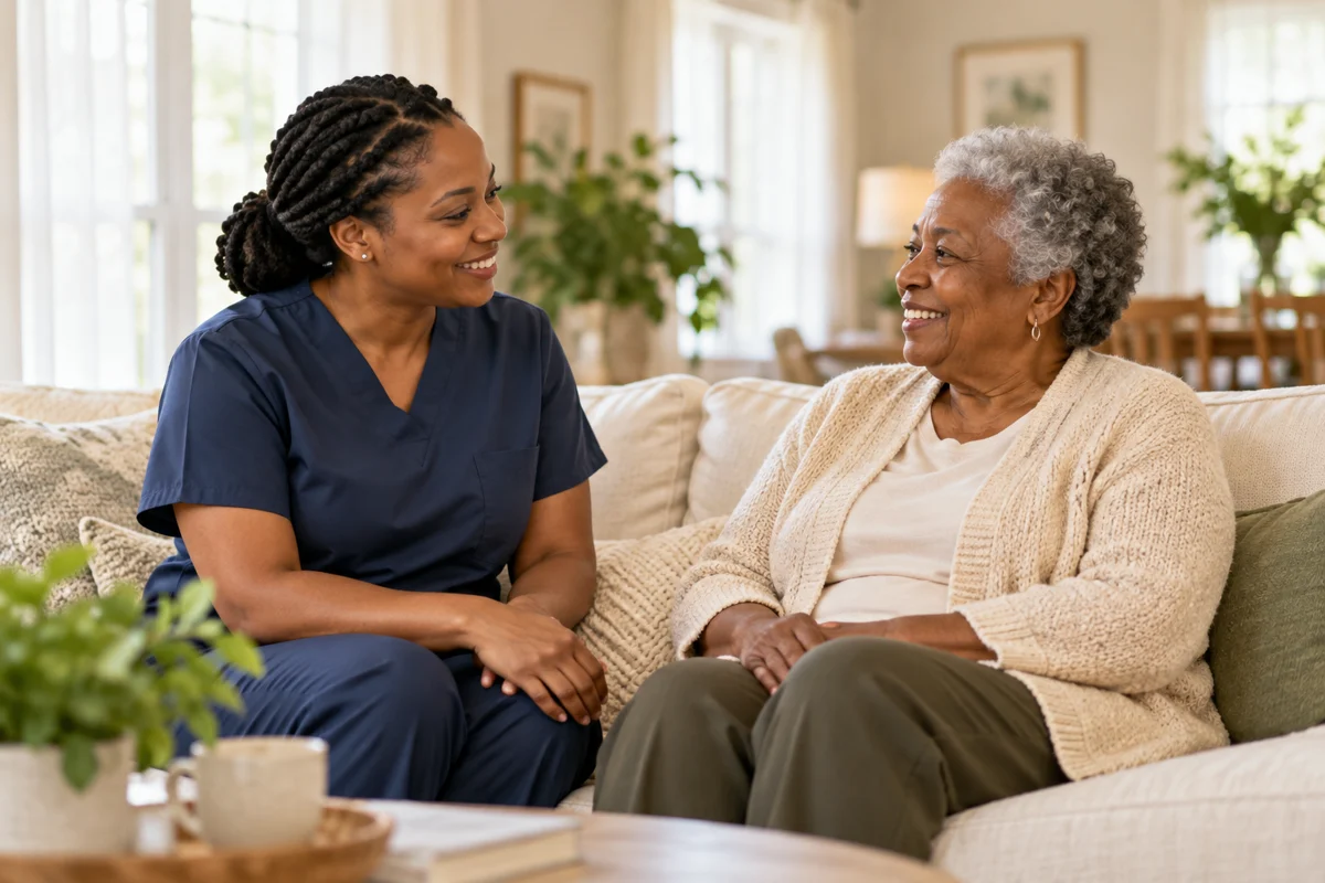 Caregiver and older adult in conversation